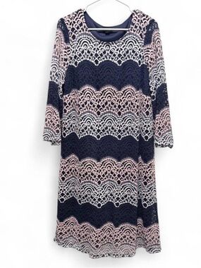 Tacera Navy, Light Pink & White Lace-Pattern Midi Dress